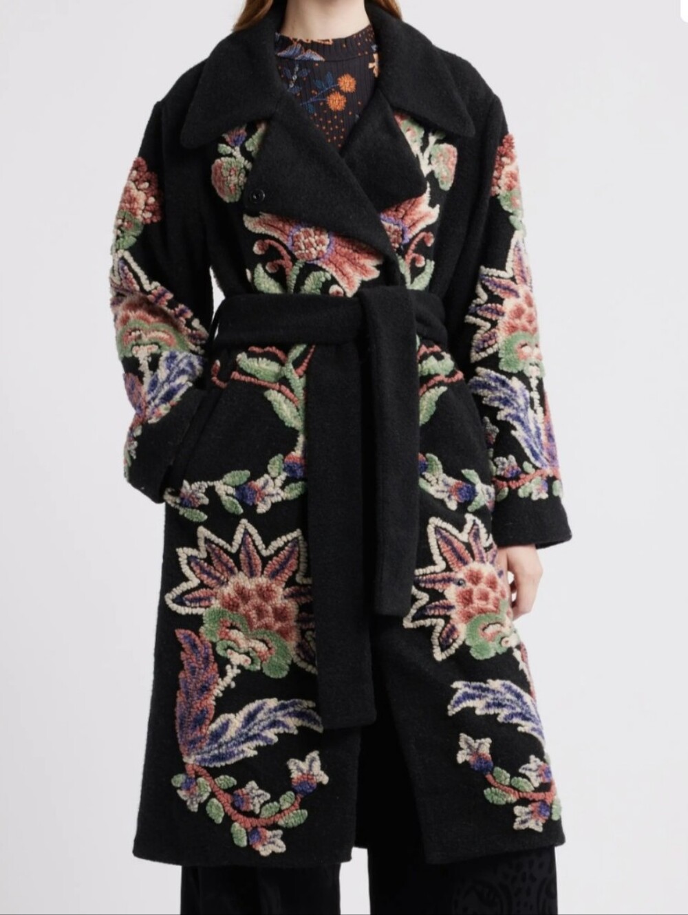 FARM RIO MARVELOUS GARDEN EMBROIDERED BELTED FlEECE COAT /SIZE:XSMALL